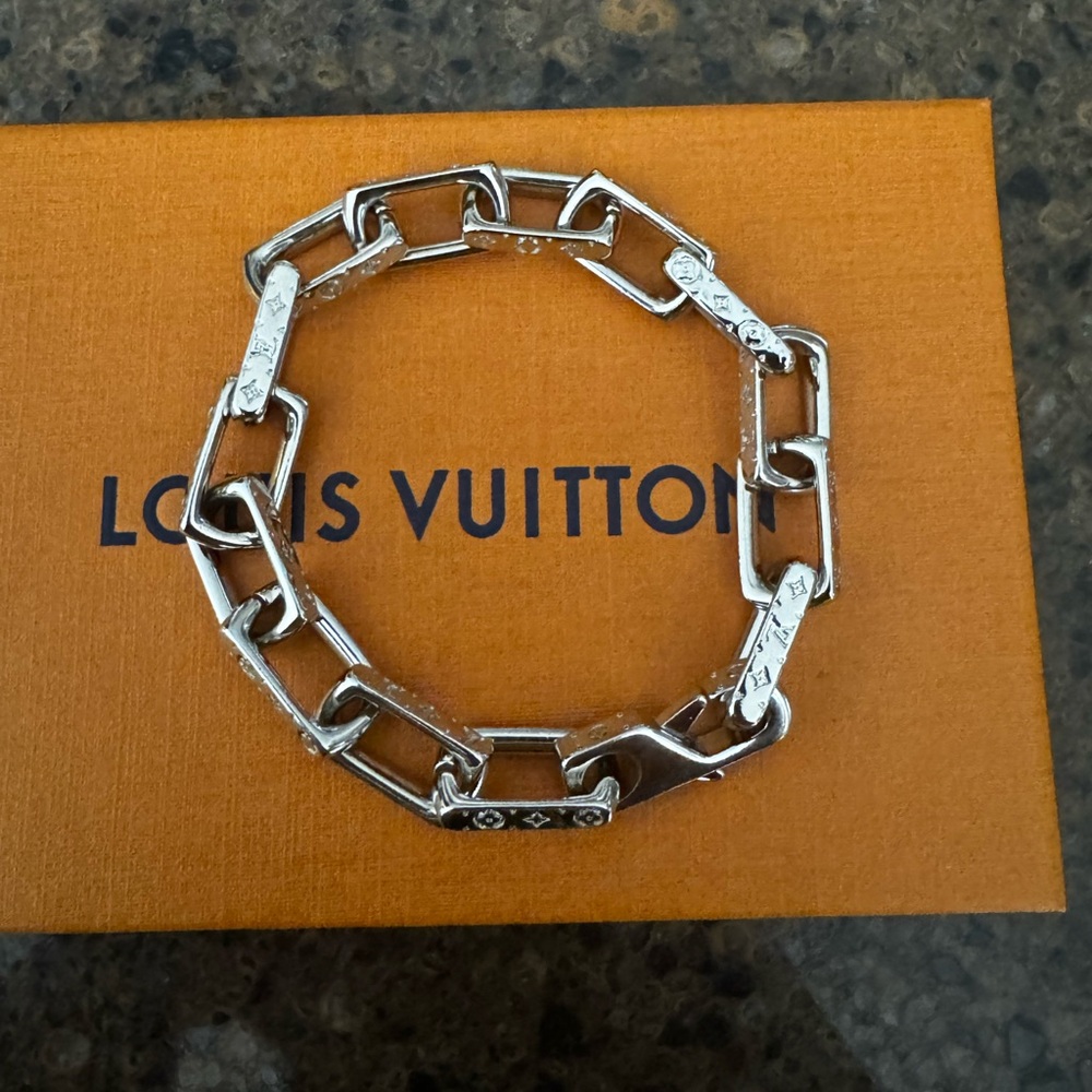 Louis Vuitton Silver Rectangular Link Bracelet with Monogram Accents